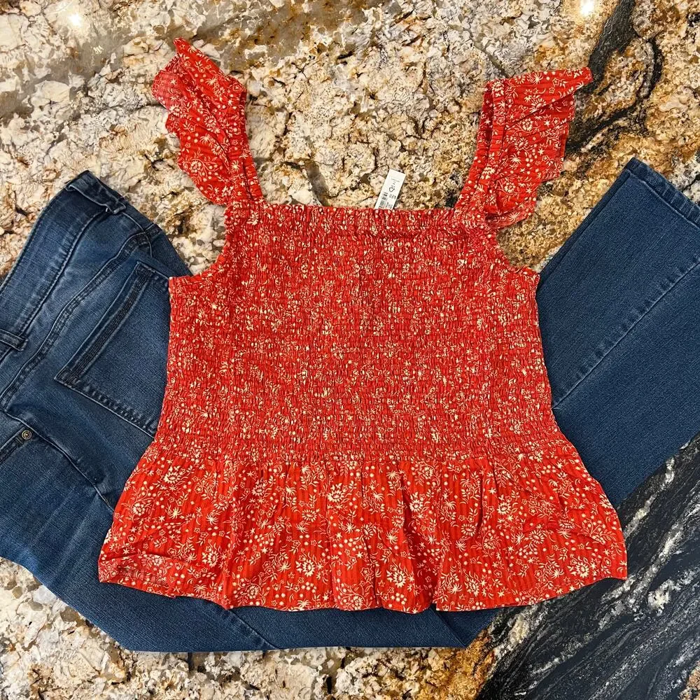 NWT Madewell Fresh Chili Red Lucie Floral Smocked Peplum Top - Picture 5 of 10